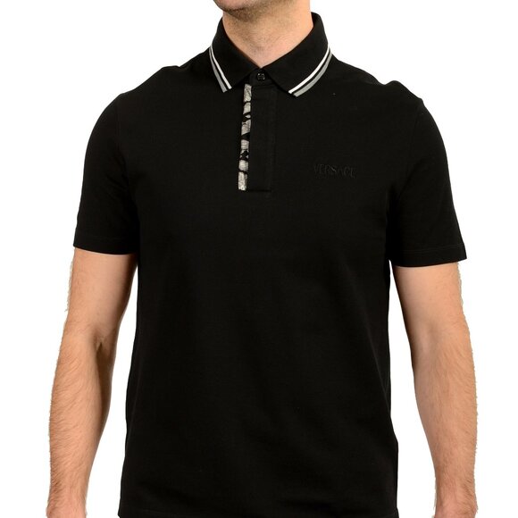 Versace Men's Black Logo Embroidery Short Sleeve Polo Shirt US S IT 48 - Picture 1 of 6